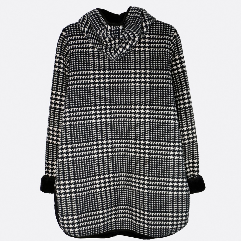 Ike Behar Houndstooth Faux Fur Coat Black Cream 0X L Hooded Winter Chic - Picture 3 of 8